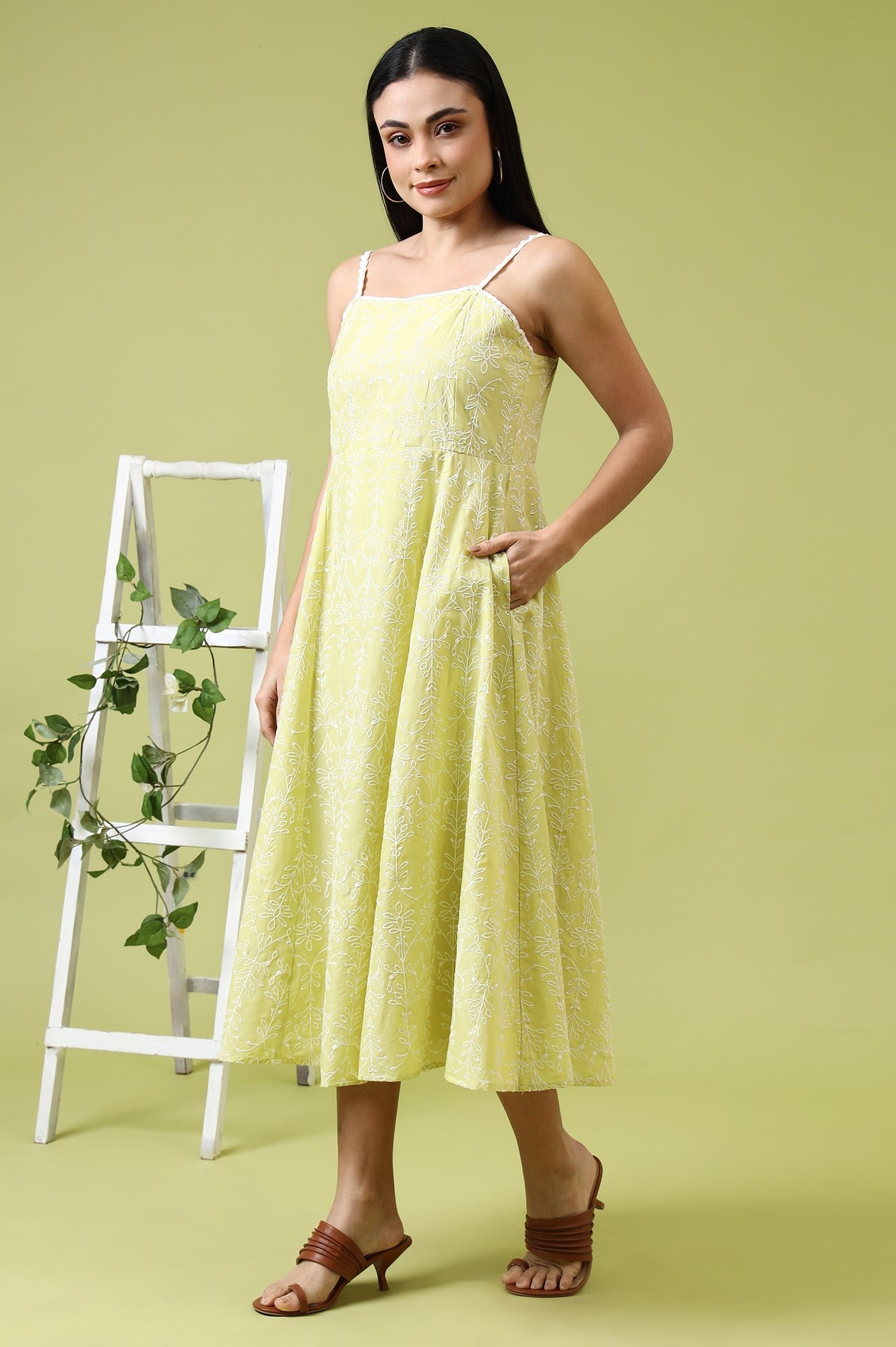 Lime Green Schiffli Embroidered Pure Cotton Flared Spaghetti Dress - Image 7